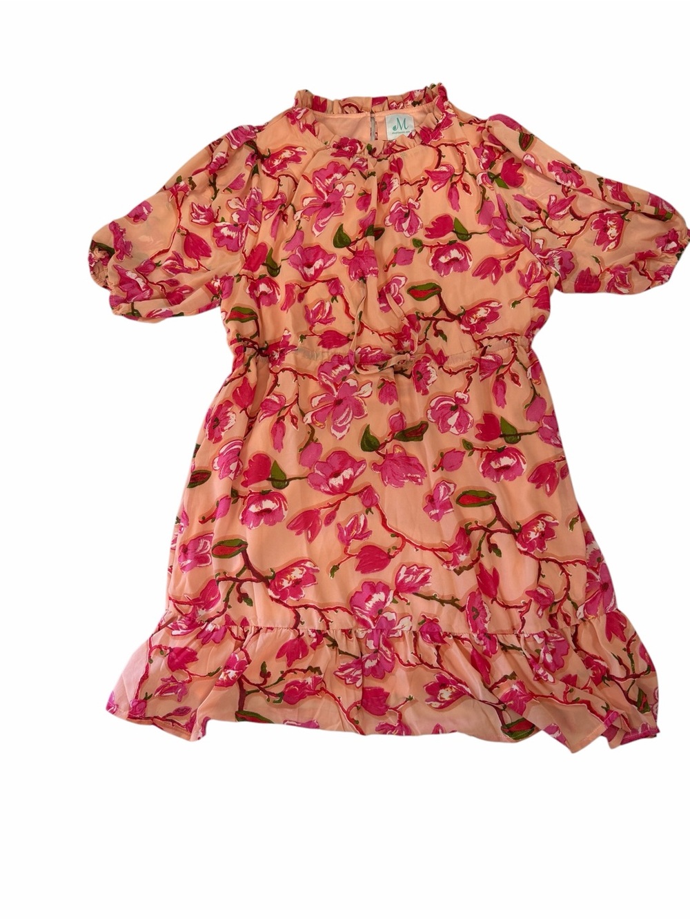 Women’s Peach Floral Ruffle Dress with Pink Bloom Print